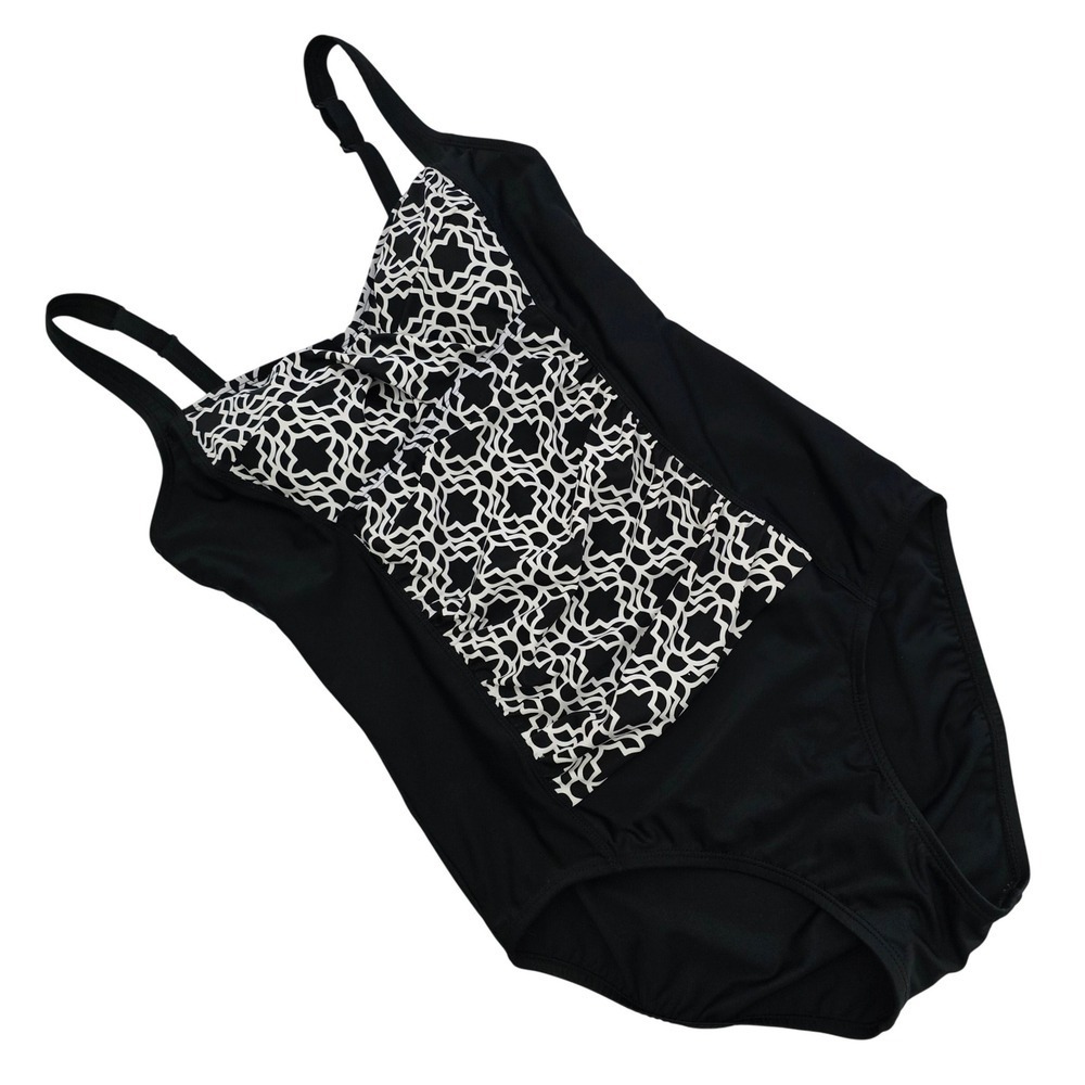 Krista Women's One Piece High Back Swimsuit Black White Geometric Print Size 12